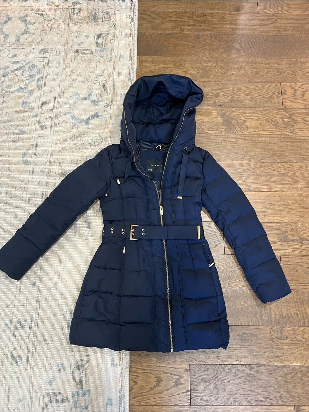 Zara Navy Hooded Quilted Belted Down Coat